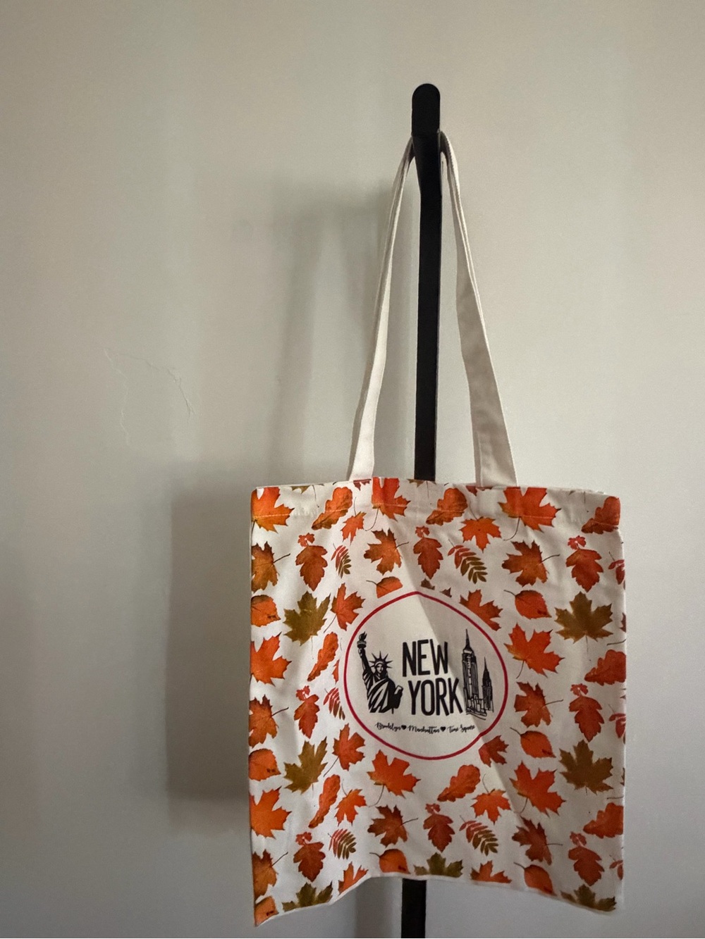 New York Leaf Print Canvas Tote Bag in White and Orange
